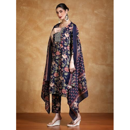 Varanga Floral Printed Thread Work Straight Kurta With Trousers & Dupatta