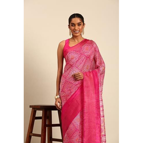 Shiv Textiles Poly Cotton Bandhani Floral Print Saree For Women With Unstitched Blouse (St-10235-Pink)