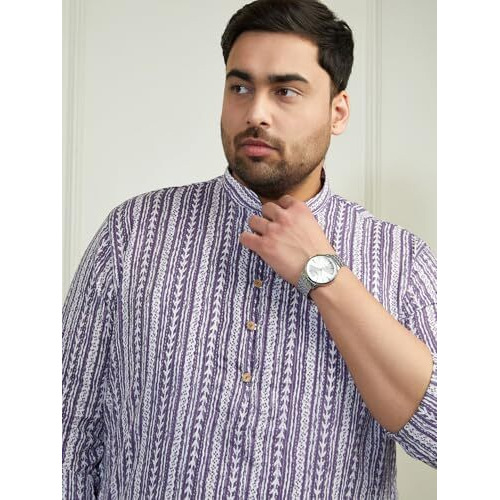 Vastramay Mens Woven Straight Kurta  Mandarin Collar, Wooden Buttons, Knee-Length Purple