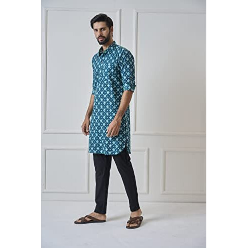See Designs Men's Teal Blue Regular Fit Pure Cotton Pathani Kurta_Sdmpkt1165S