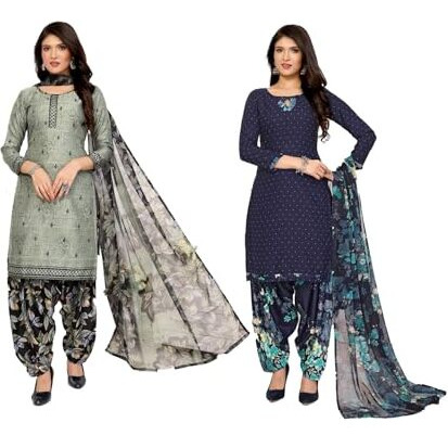 Yashika Women's Crepe Dress Material Set For Women | Unstitched Printed Fabric For Kurta Bottom & Dupatta (Ys-Suki Mehndi-Blue Flower)