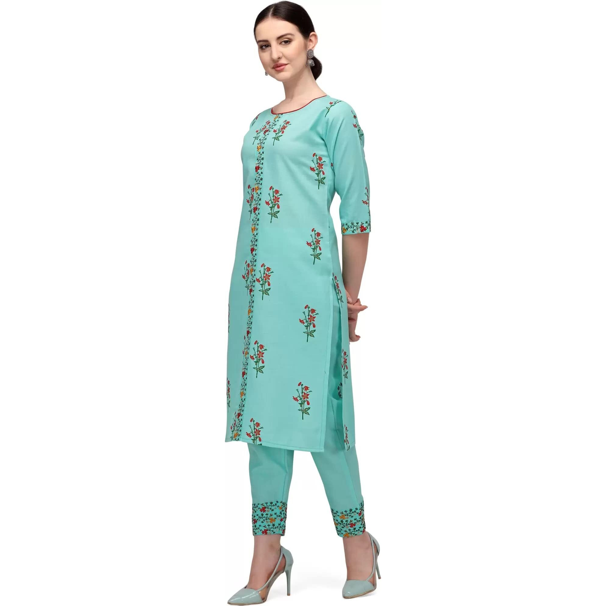 Shasmi Women's Floral Print Cotton Embroidered Lece Kurta, Trouser/Pant (Kurta Dress 34) (Small, Sky Blue)