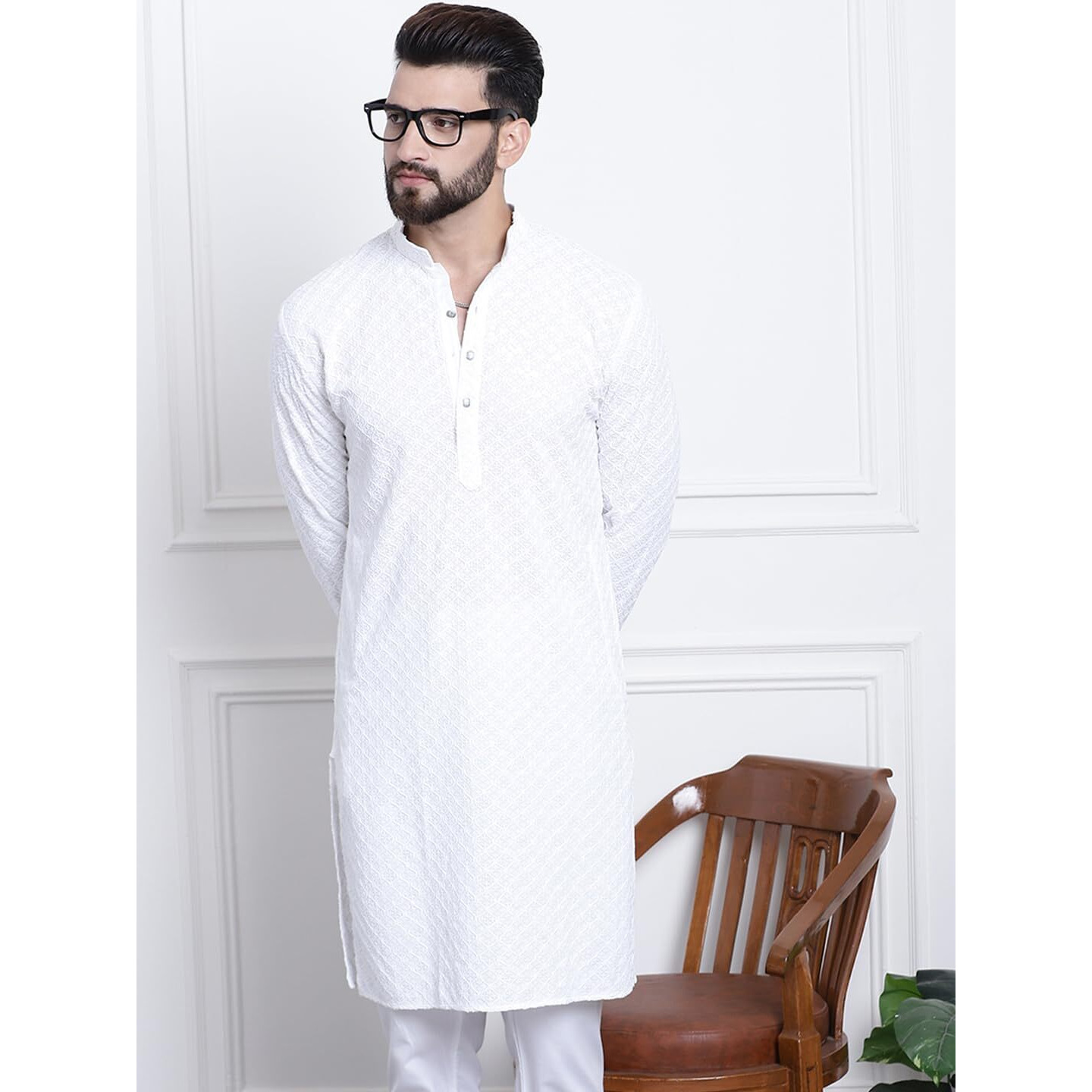 Sojanya (Since 1958 Men's Pure Cotton White Sequence Only Long Kurta