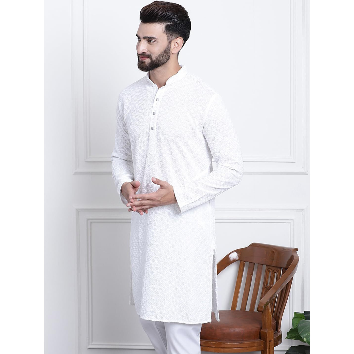 Sojanya (Since 1958 Men's Pure Cotton White Sequence Only Long Kurta