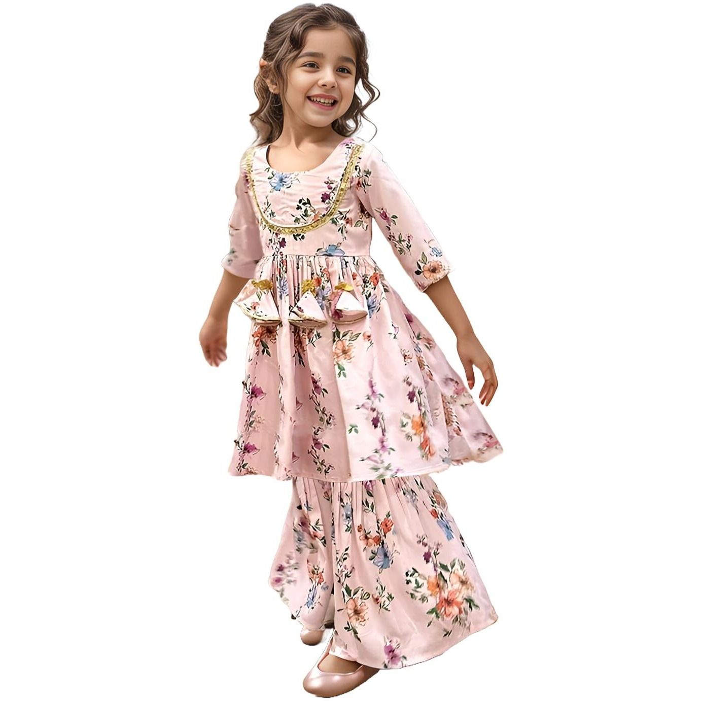A.T.U.N. (All Things Uber Nice) A.T.U.N. Girls Ethnic Wear Sharara | Floral White And Pink Printed Kurta With Sharara Set For Girls