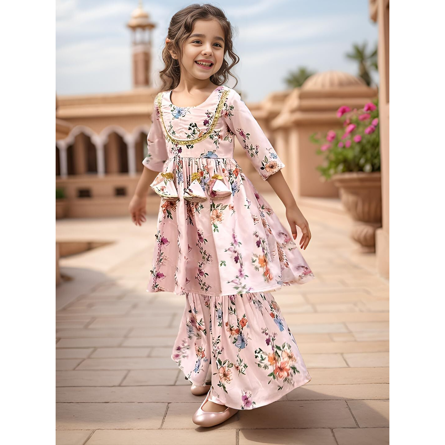 A.T.U.N. (All Things Uber Nice) A.T.U.N. Girls Ethnic Wear Sharara | Floral White And Pink Printed Kurta With Sharara Set For Girls