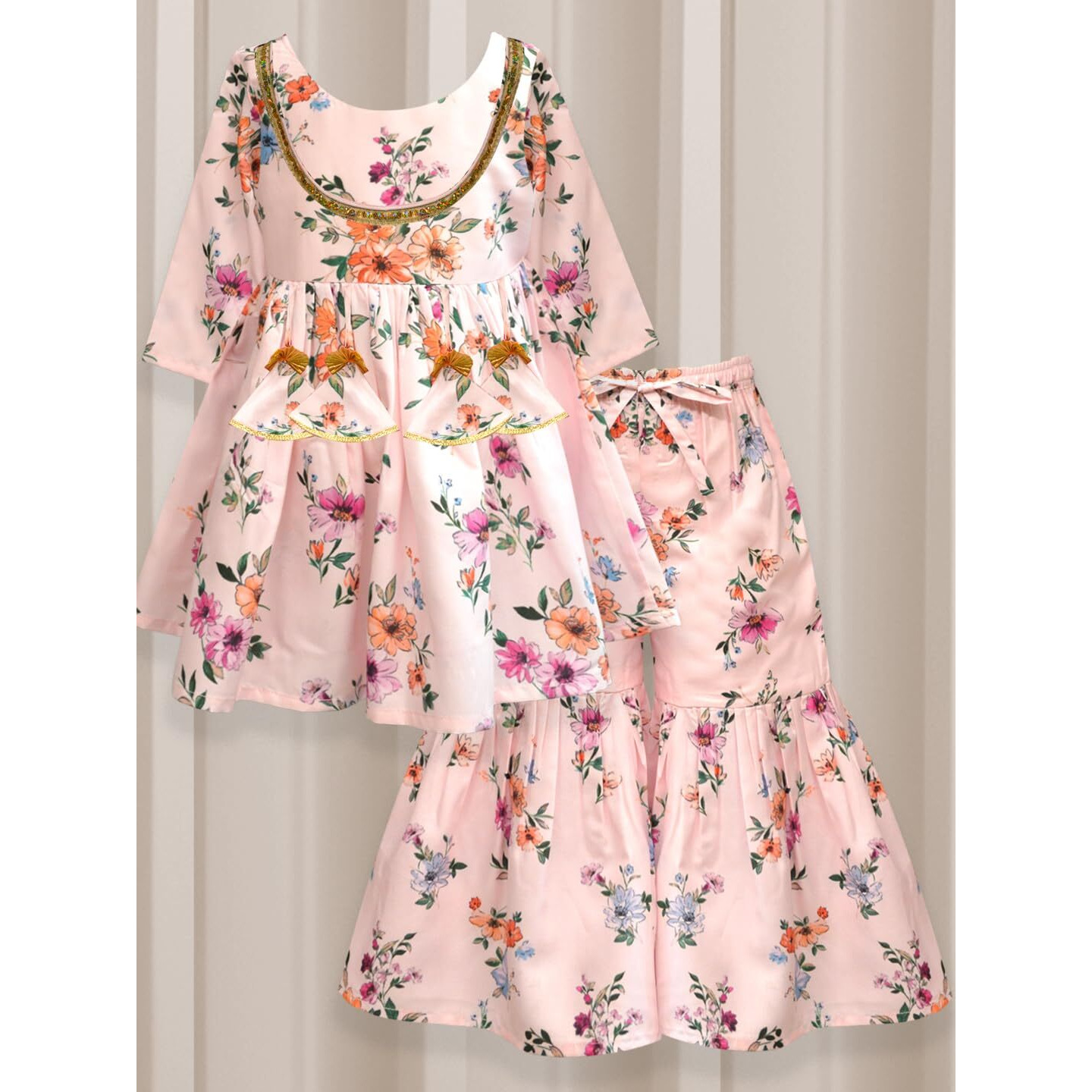 A.T.U.N. (All Things Uber Nice) A.T.U.N. Girls Ethnic Wear Sharara | Floral White And Pink Printed Kurta With Sharara Set For Girls