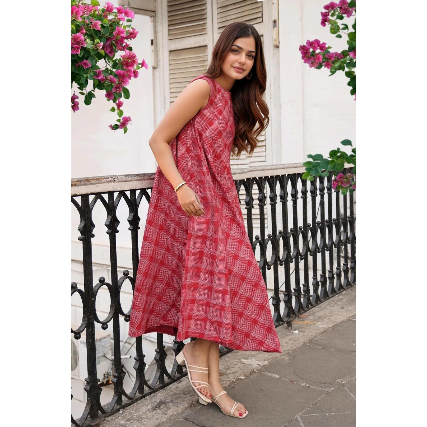Anni Designer Women's Rayon Viscose Chex Printed A-Line Kurta (Shyla Red_L_Red_Large)
