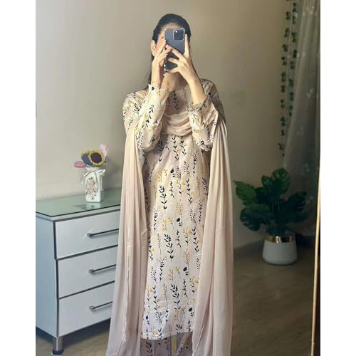 Anni Designer Women's Rayon Viscose Printed Straight Kurta With Pant & Dupatta (Hanshi Cream_M_Cream_Medium)