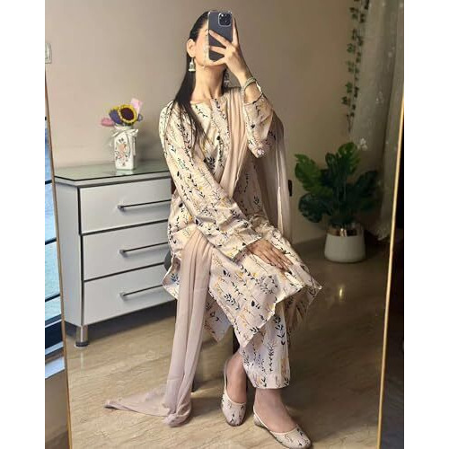 Anni Designer Women's Rayon Viscose Printed Straight Kurta With Pant & Dupatta (Hanshi Cream_M_Cream_Medium)