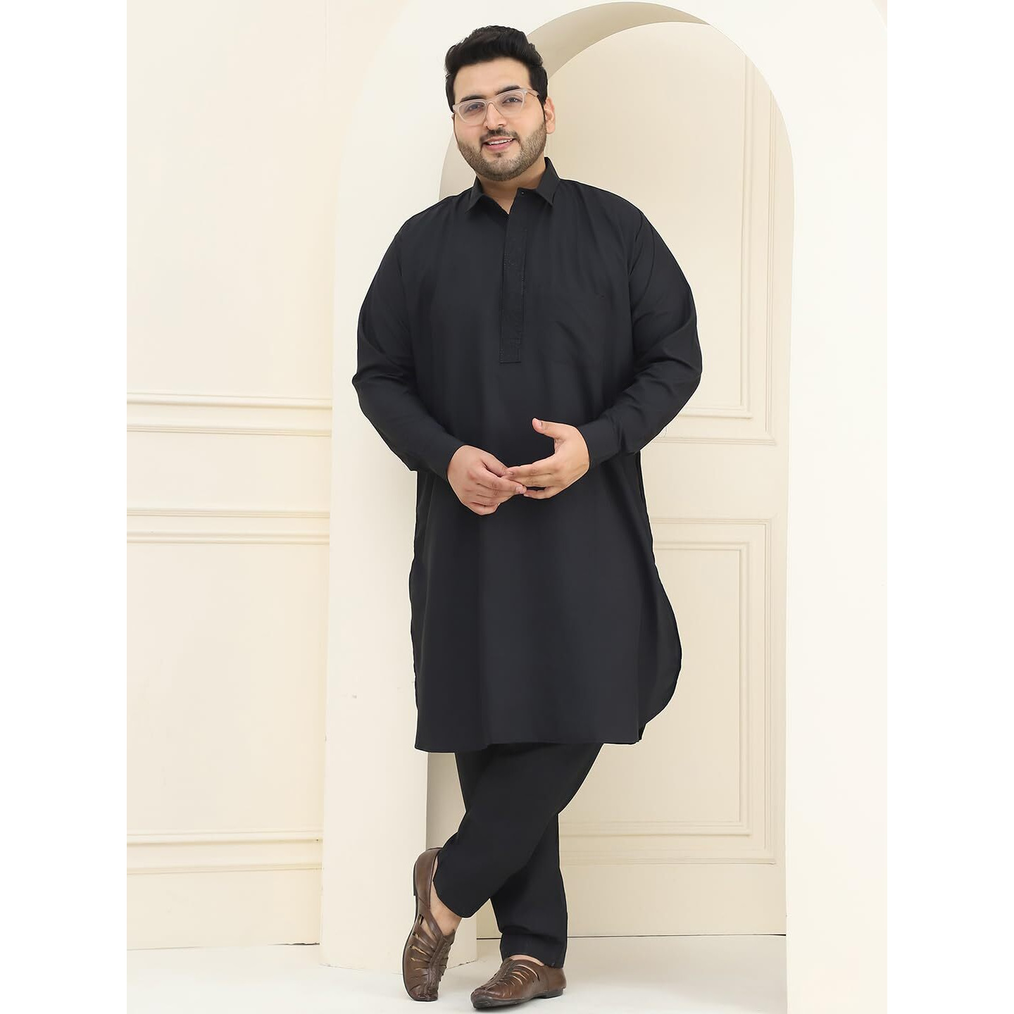Sojanya Plus (Since 1958), Men's Cotton Black Pathani Kurta Salwar Set