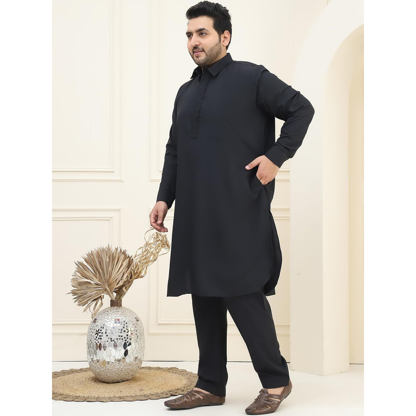 Sojanya Plus (Since 1958), Men's Cotton Black Pathani Kurta Salwar Set