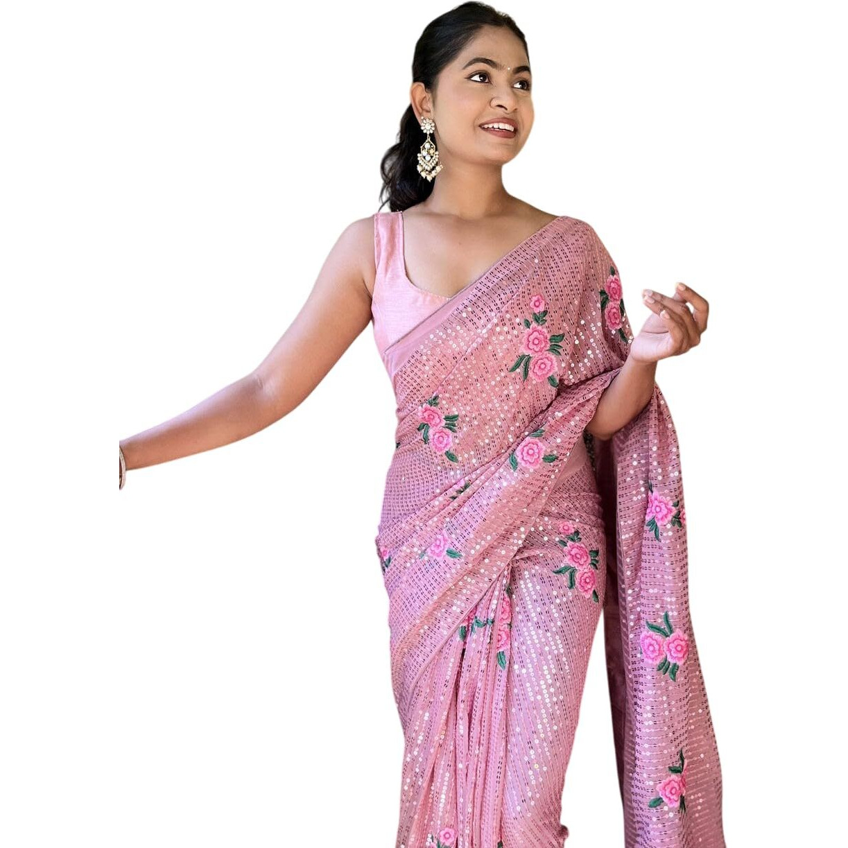 Flosive Women's Embroidered Bollywood Georgette Saree (Pink)