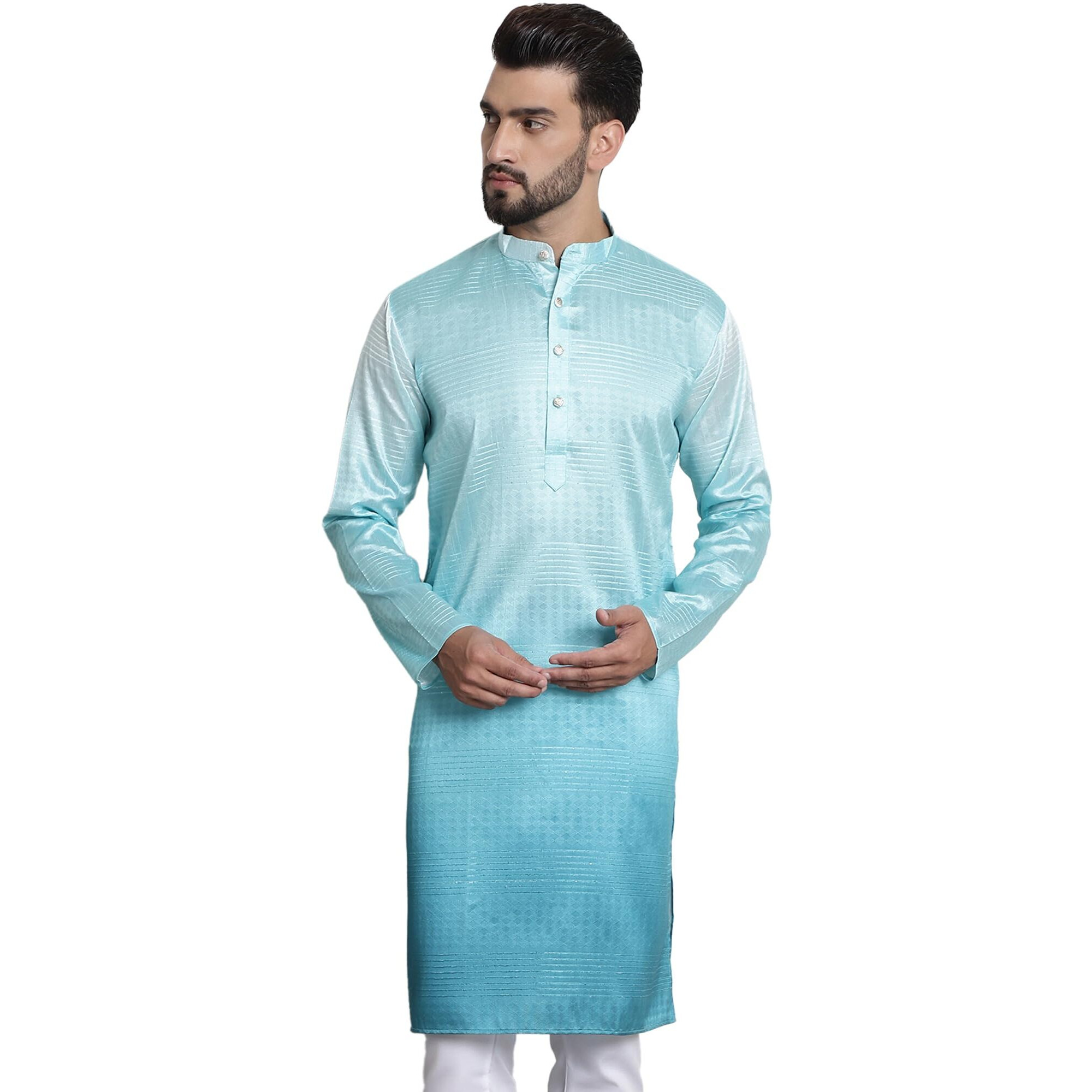Sojanya (Since 1958 Men's Jacquard Silk Multi Shade Sea Green Color Kurta With Sequence