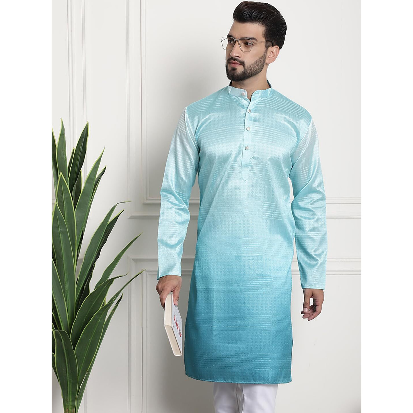 Sojanya (Since 1958 Men's Jacquard Silk Multi Shade Sea Green Color Kurta With Sequence