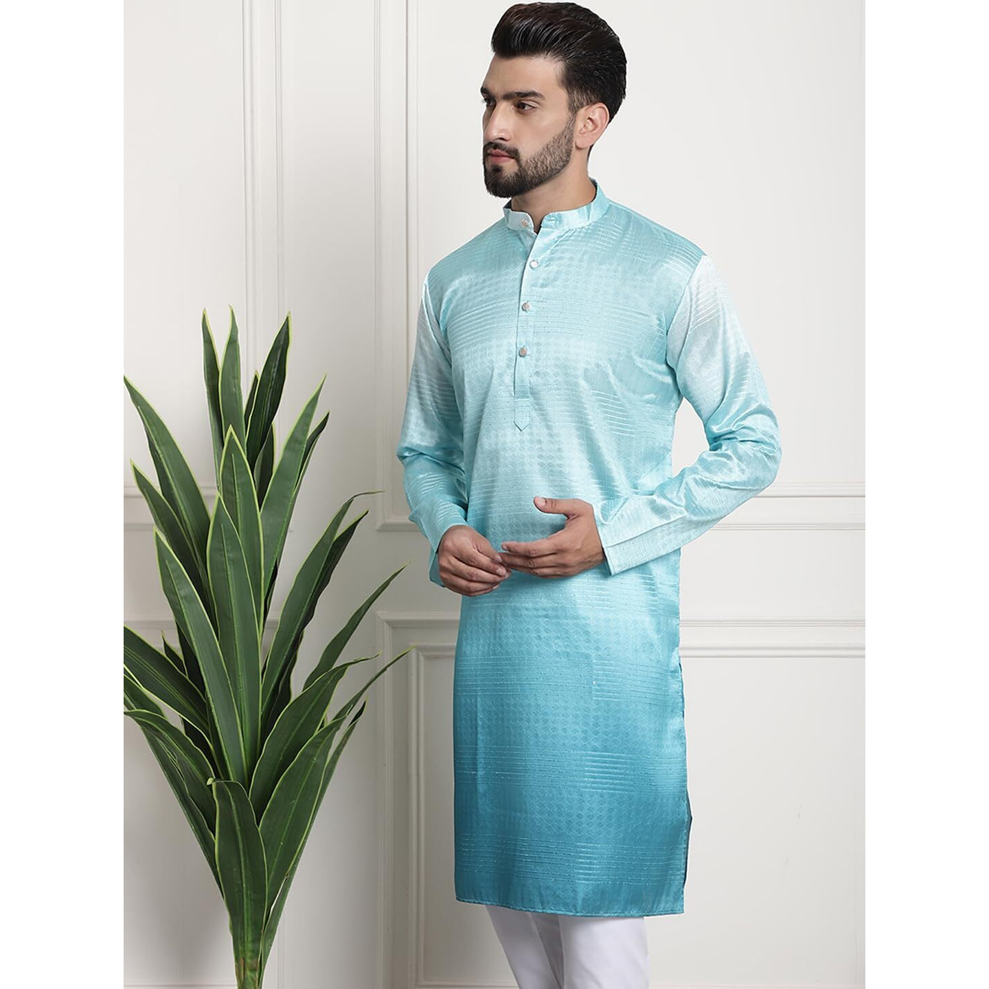 Sojanya (Since 1958 Men's Jacquard Silk Multi Shade Sea Green Color Kurta With Sequence