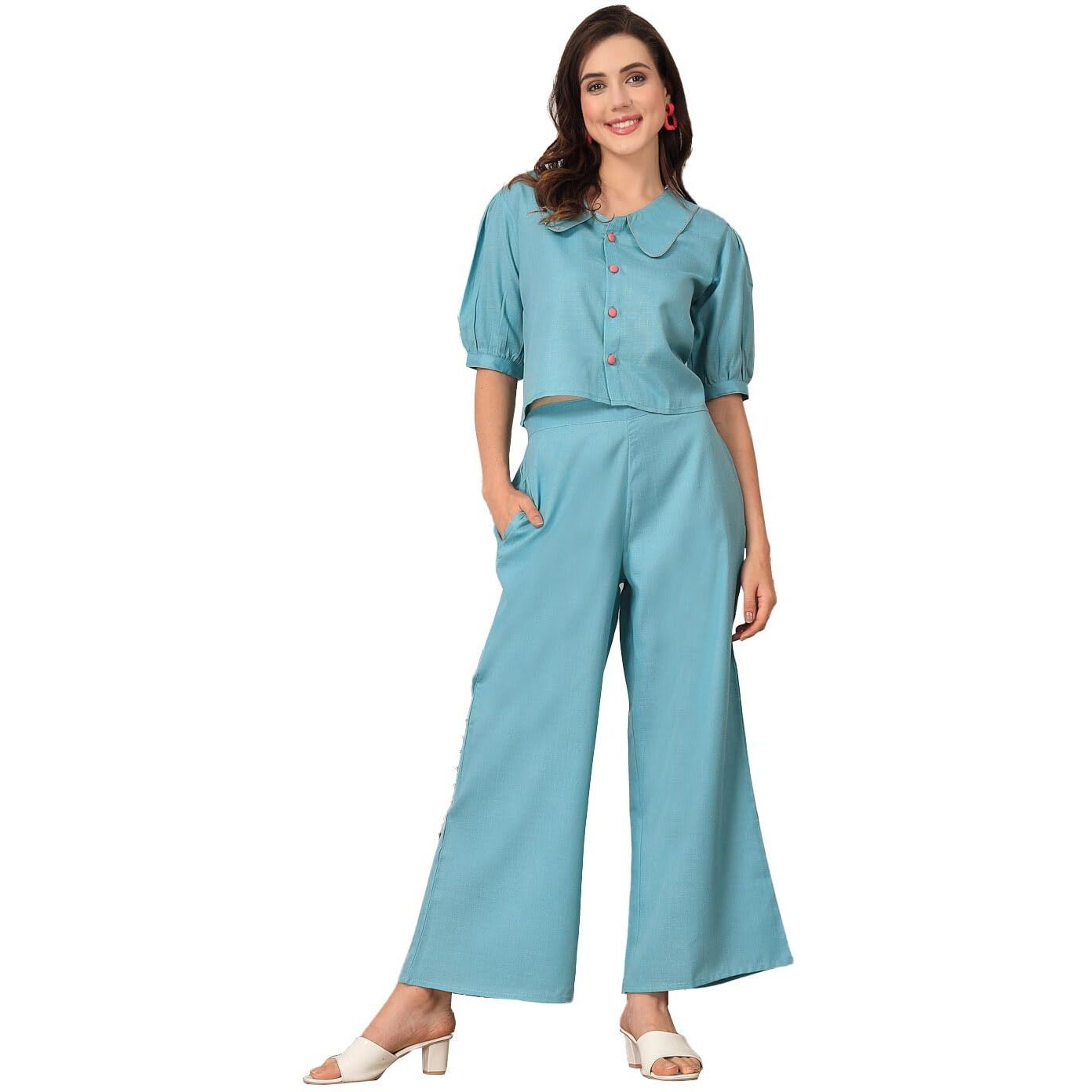 Stylum Women's Solid Cotton Blend Co-Ord Set (Csaquabeach44_Aqua, Xxl)
