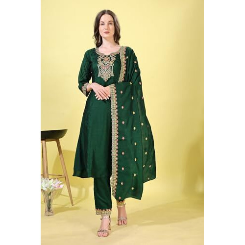 Pratham Blue Women's Silk Embroidered Straight Kurta Palazzos With Dupatta |Kurta Set For Women |Women's Kurta |Women Embroidered Kurta Sets Kurtis (Bkp-1042-Xxl_Green)