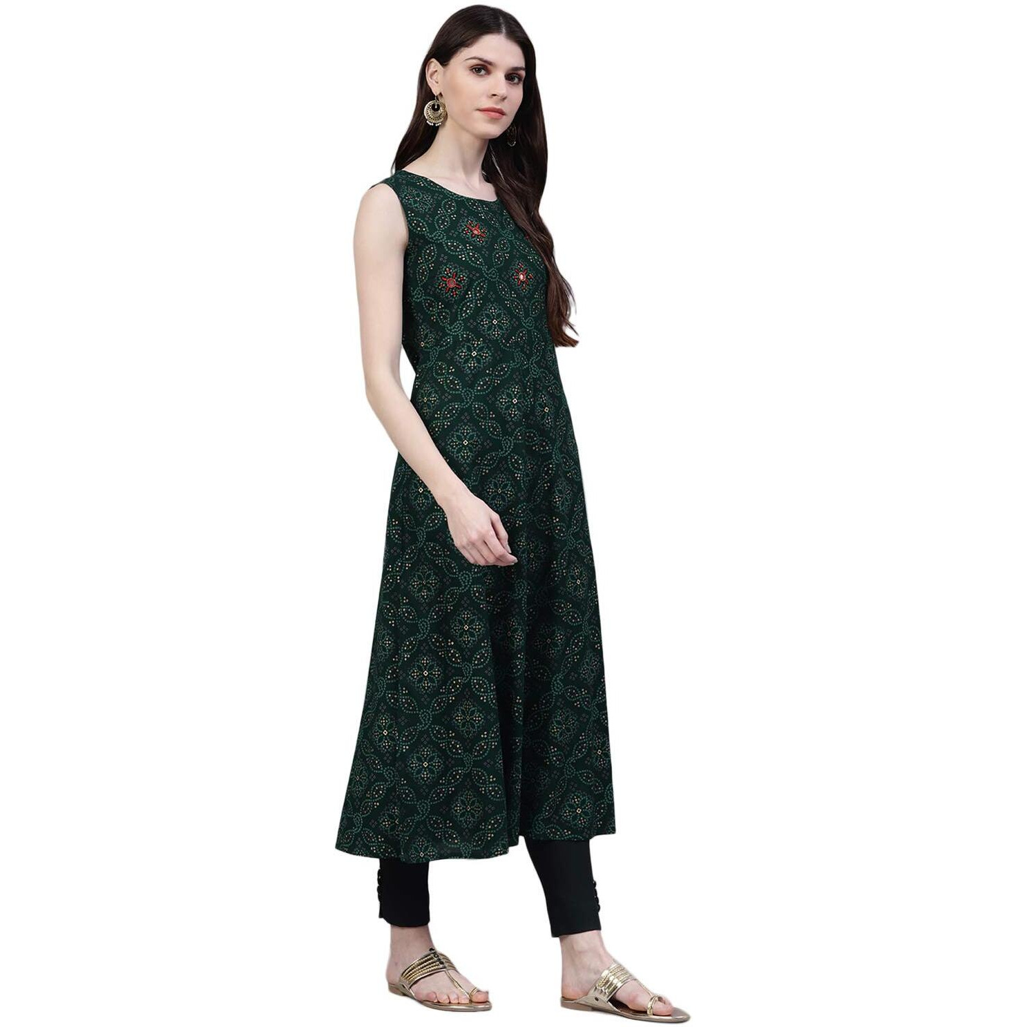 Stylum Women's Printed Rayon Flared Kurta Dupatta Set (Nodegreenkdset40_Dark Green, L)