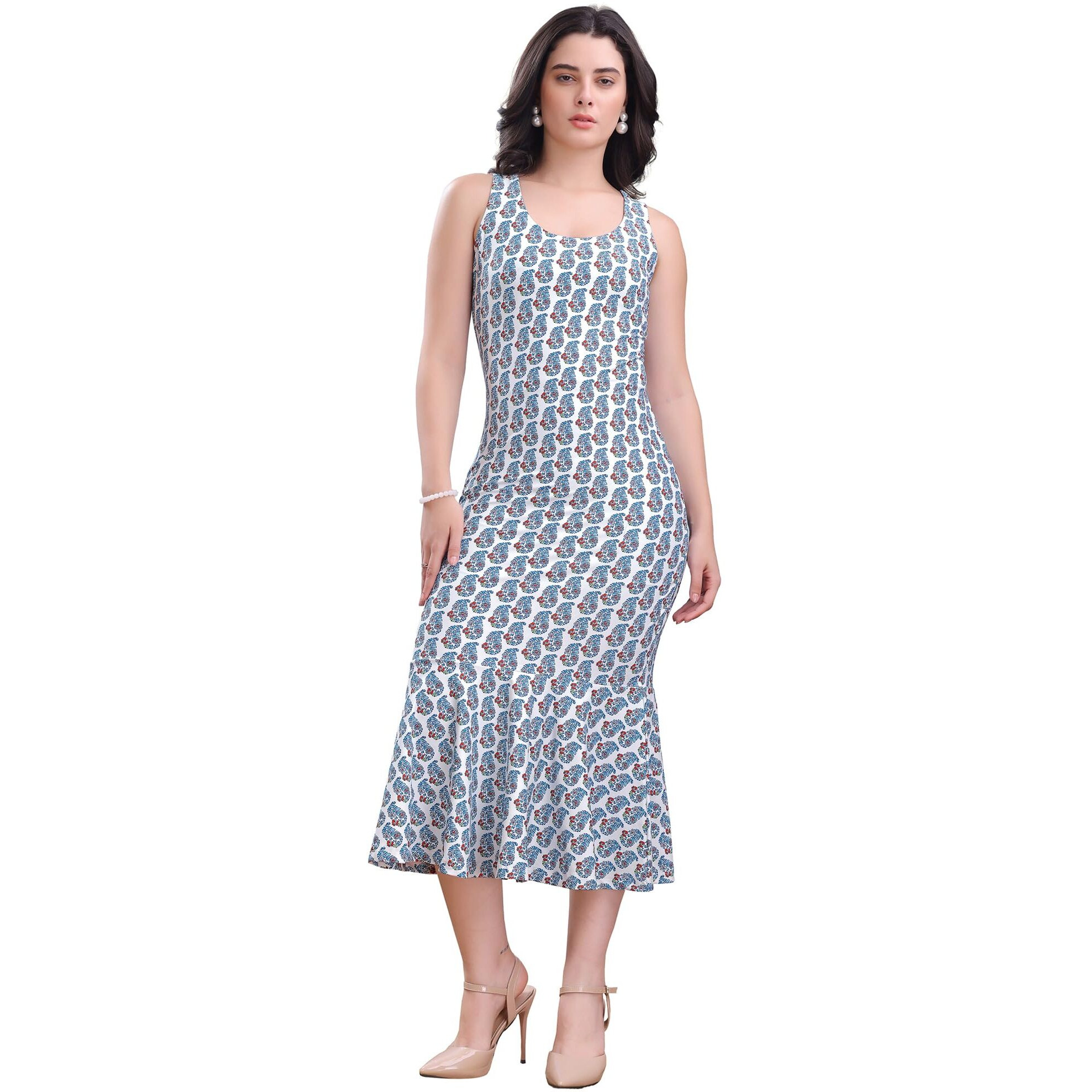 Purvaja Womens Mermaid Midi Length Dress (Wini-179-White_Medium)