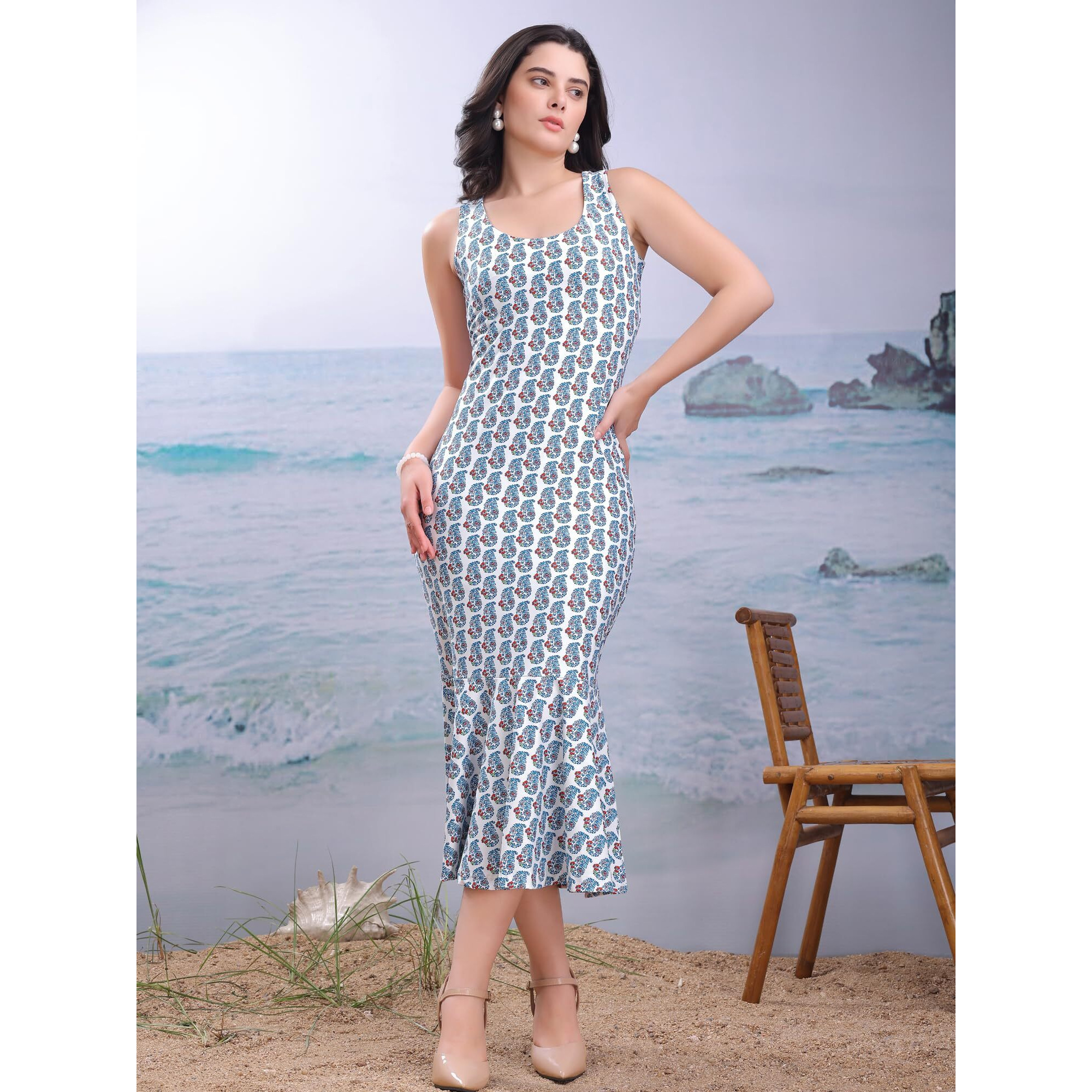 Purvaja Womens Mermaid Midi Length Dress (Wini-179-White_Medium)