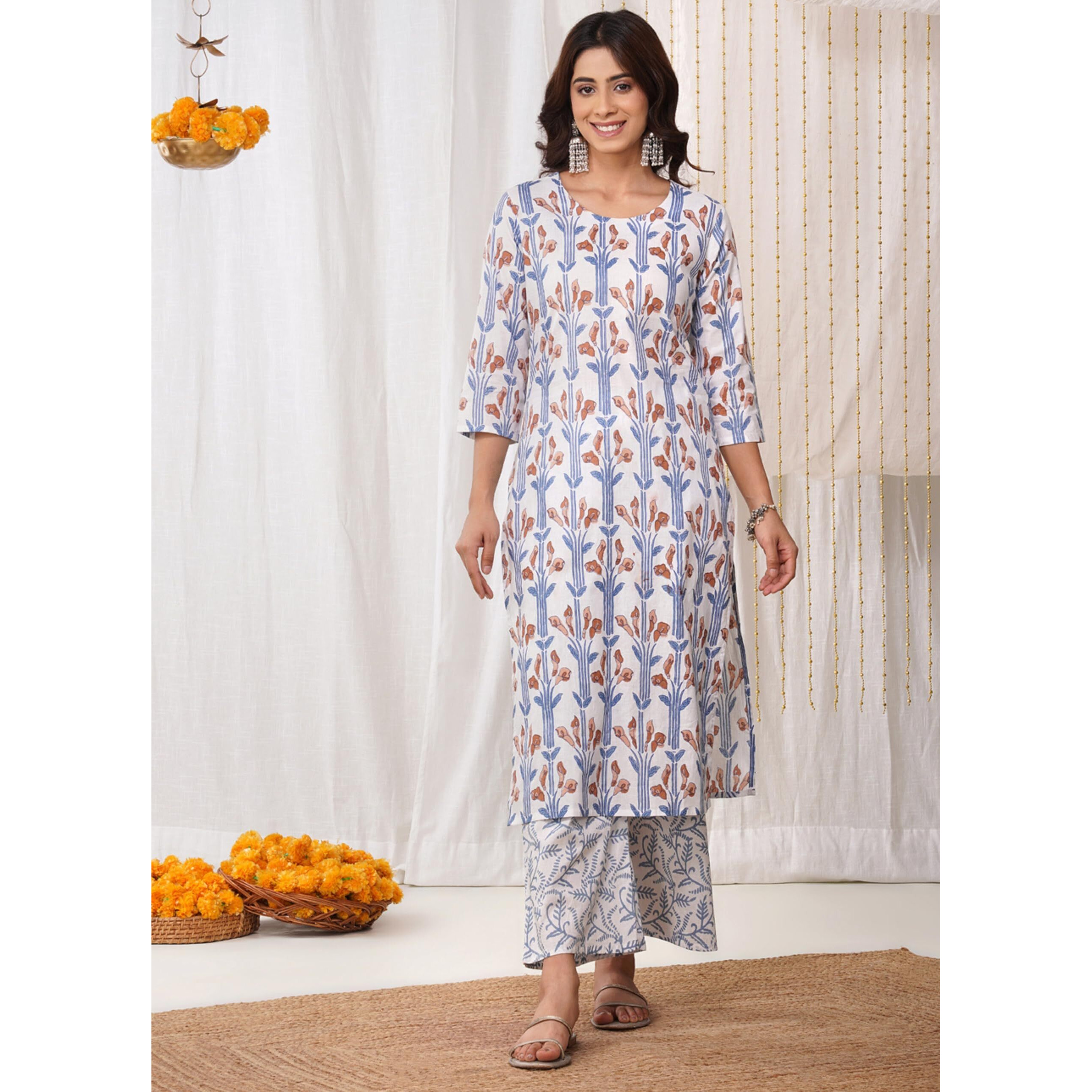 Rytras Women's Pure Cotton Printed Straight Kurta Set With Palazzo Pants & Dupatta- Ethnic Wear, White(Ryt633,L)