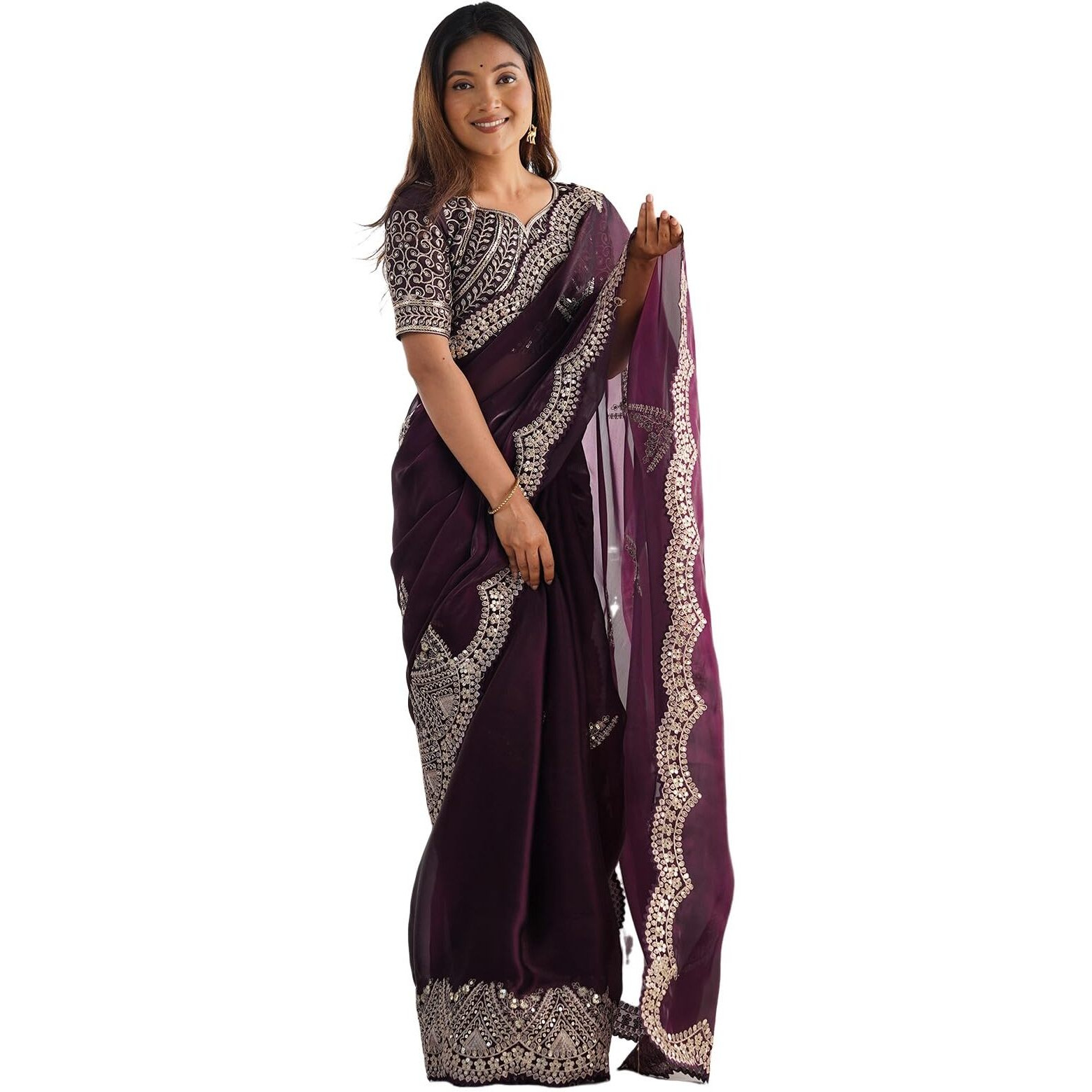 Satrani Women's Tissue Silk Dyed Sequin Embroidery & Scollped Border Festive Saree With Unstitched Blouse Piece (4218S6639Na_Wine)