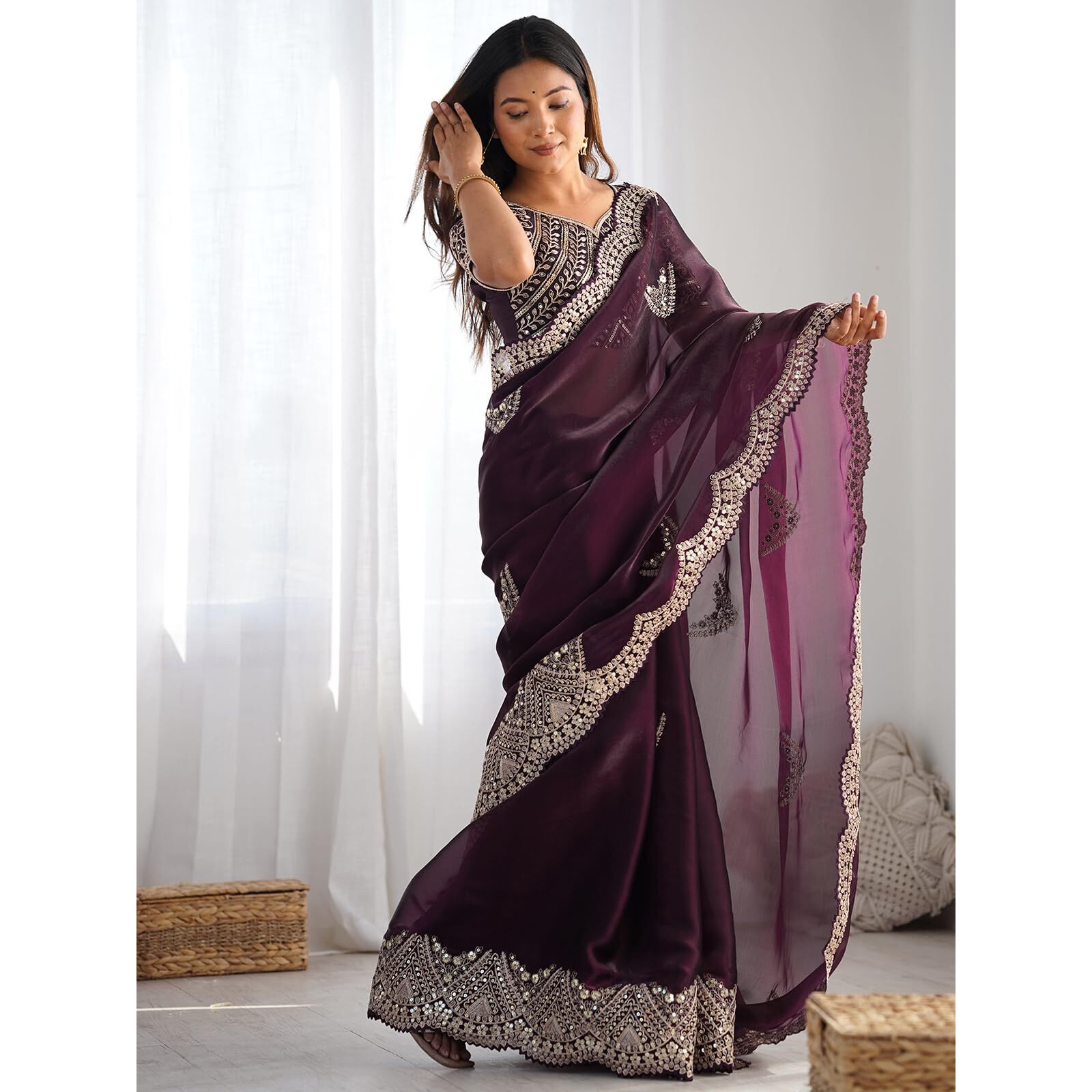 Satrani Women's Tissue Silk Dyed Sequin Embroidery & Scollped Border Festive Saree With Unstitched Blouse Piece (4218S6639Na_Wine)