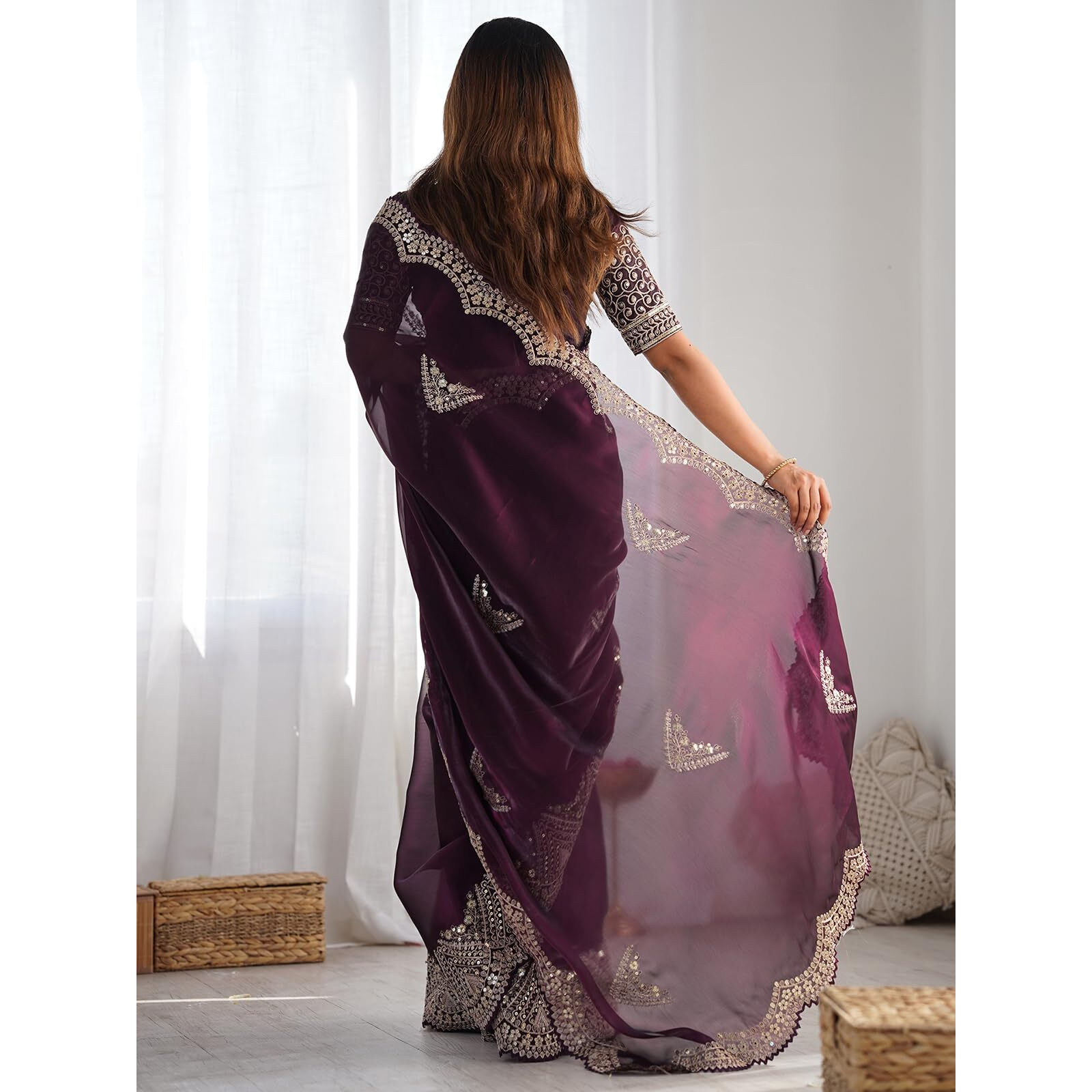 Satrani Women's Tissue Silk Dyed Sequin Embroidery & Scollped Border Festive Saree With Unstitched Blouse Piece (4218S6639Na_Wine)