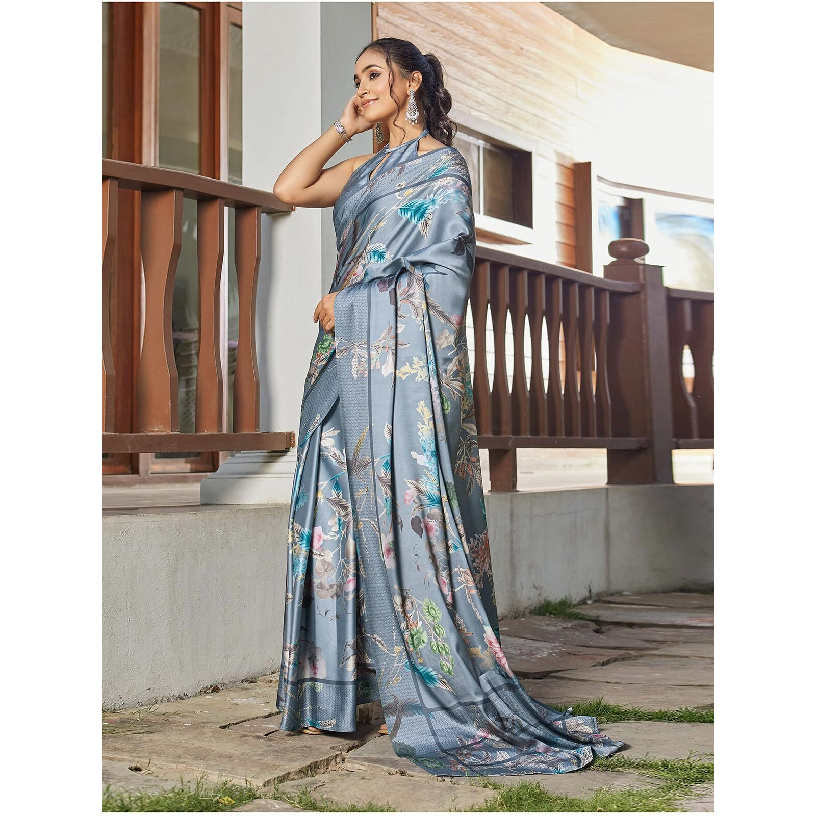Satrani Women's Satin Printed Saree With Unstitched Blouse Piece (4350S1033N_Grey)