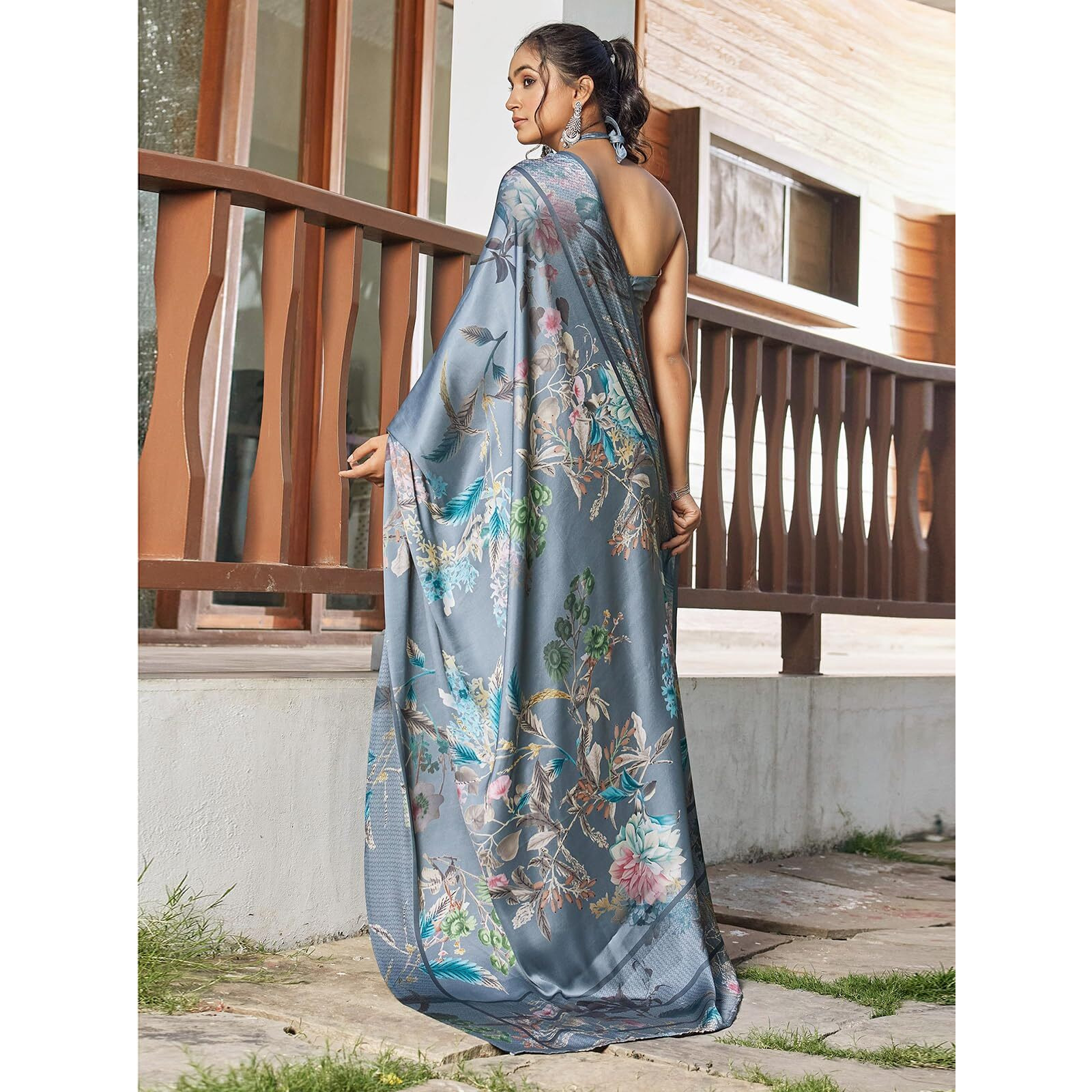 Satrani Women's Satin Printed Saree With Unstitched Blouse Piece (4350S1033N_Grey)