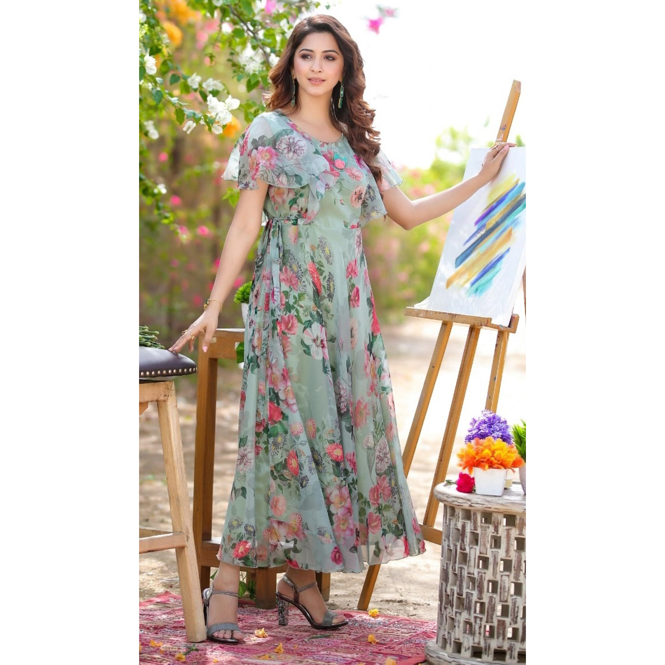 Sugathari Women's Georgette Digital Floral Printed Gown Dress For Women (Gown Dress2 35 Pista Xl)