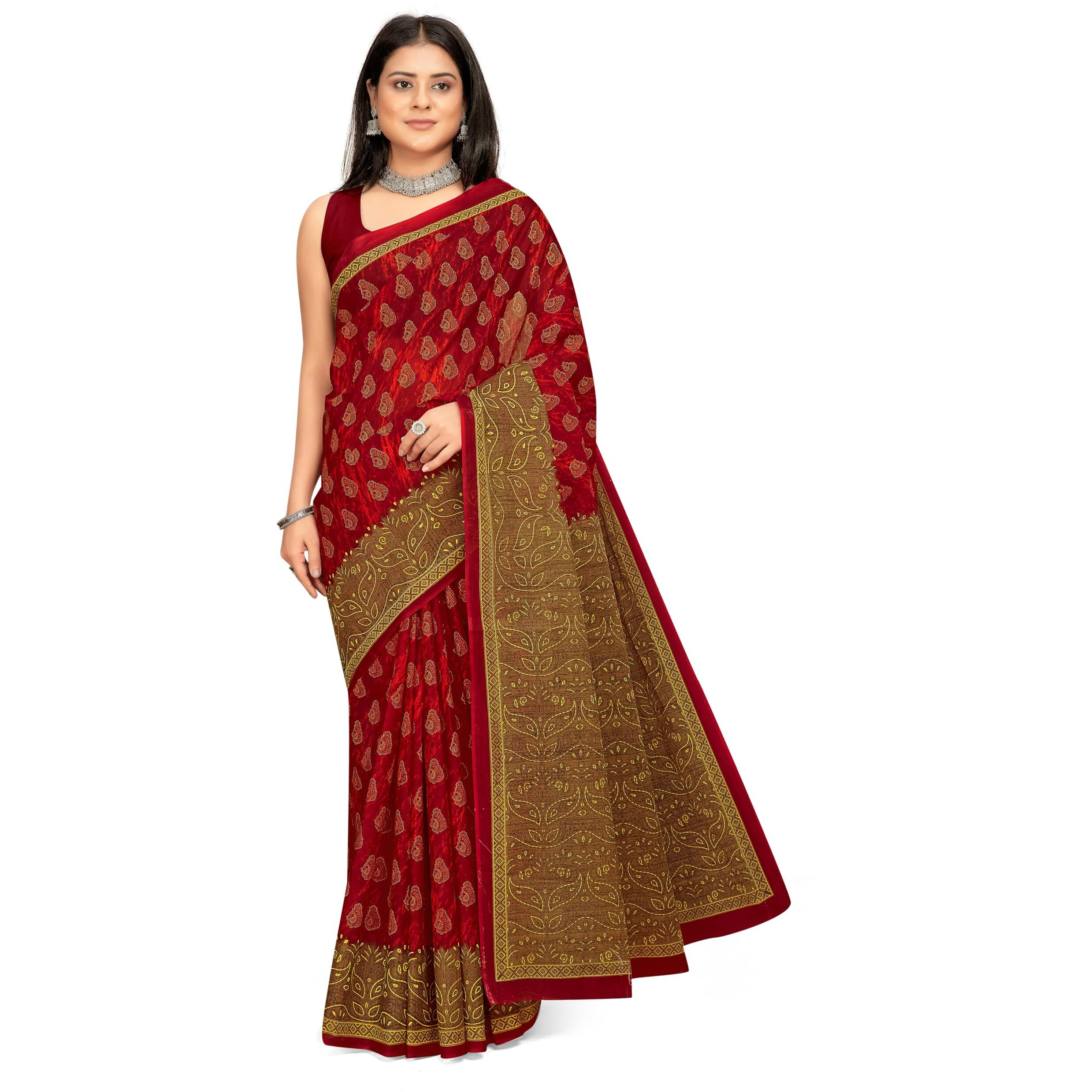 Tamaira Fashion Women's Butti Printed Pure Cotton Mulmul Saree Without Blouse Piece(11525_Maroon)