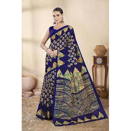 Tamaira Fashion Women's Batik Printed Pure Cotton Mulmul Saree Without Blouse Piece(Ab43_Blue)
