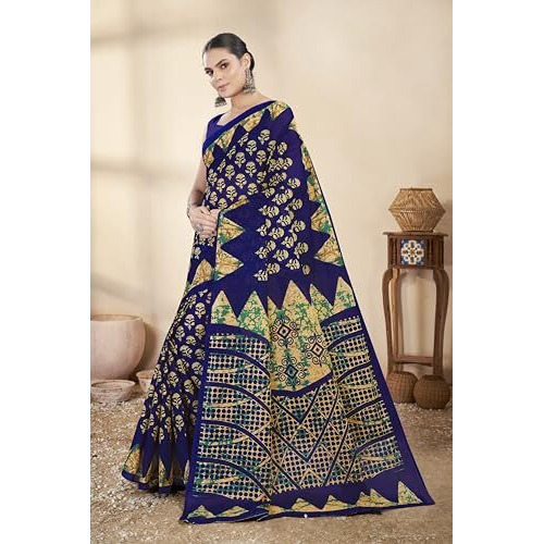 Tamaira Fashion Women's Batik Printed Pure Cotton Mulmul Saree Without Blouse Piece(Ab43_Blue)