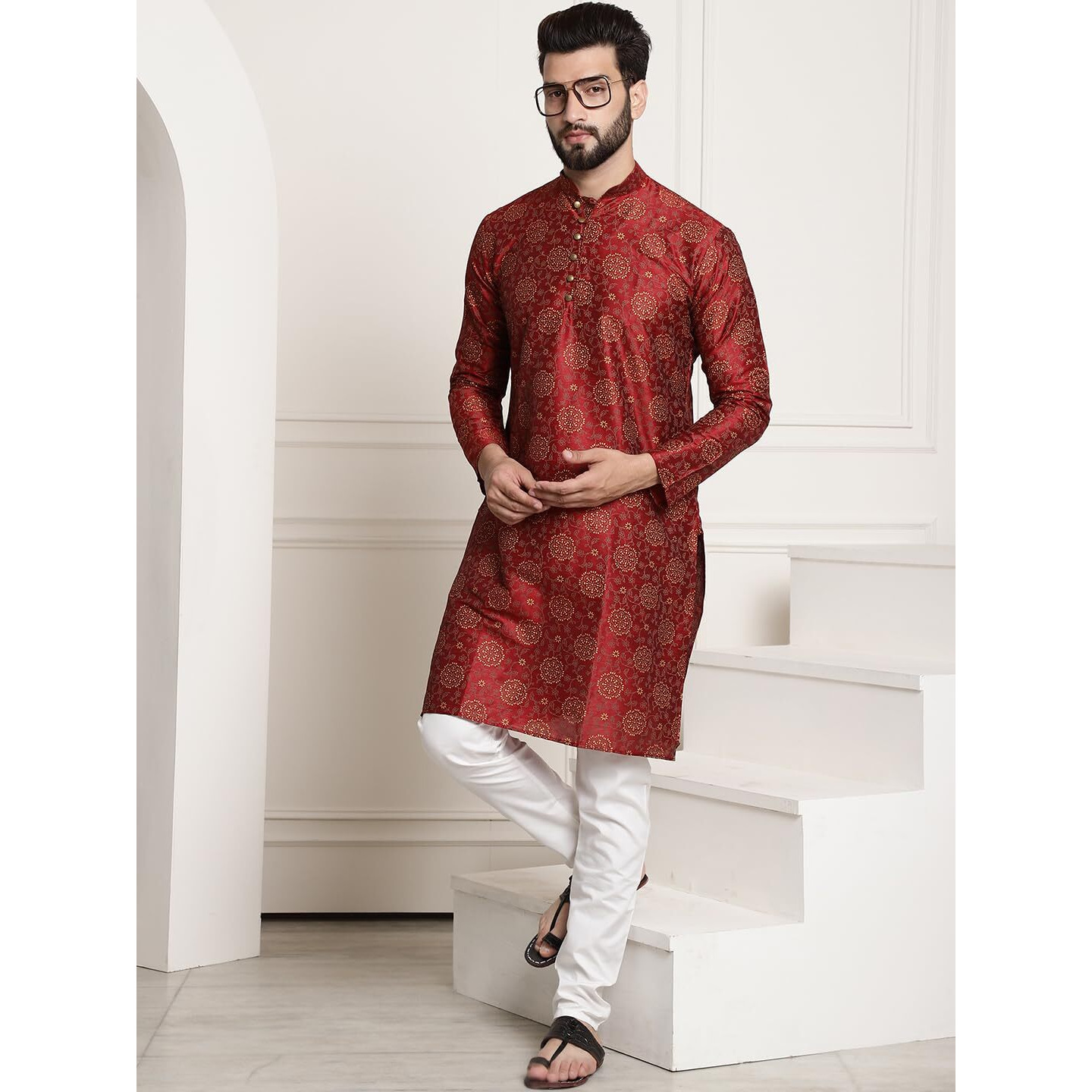 Sojanya (Since 1958 Men's Silk Blend Maroon Printed Kurta And White Churidar Pyjama Set