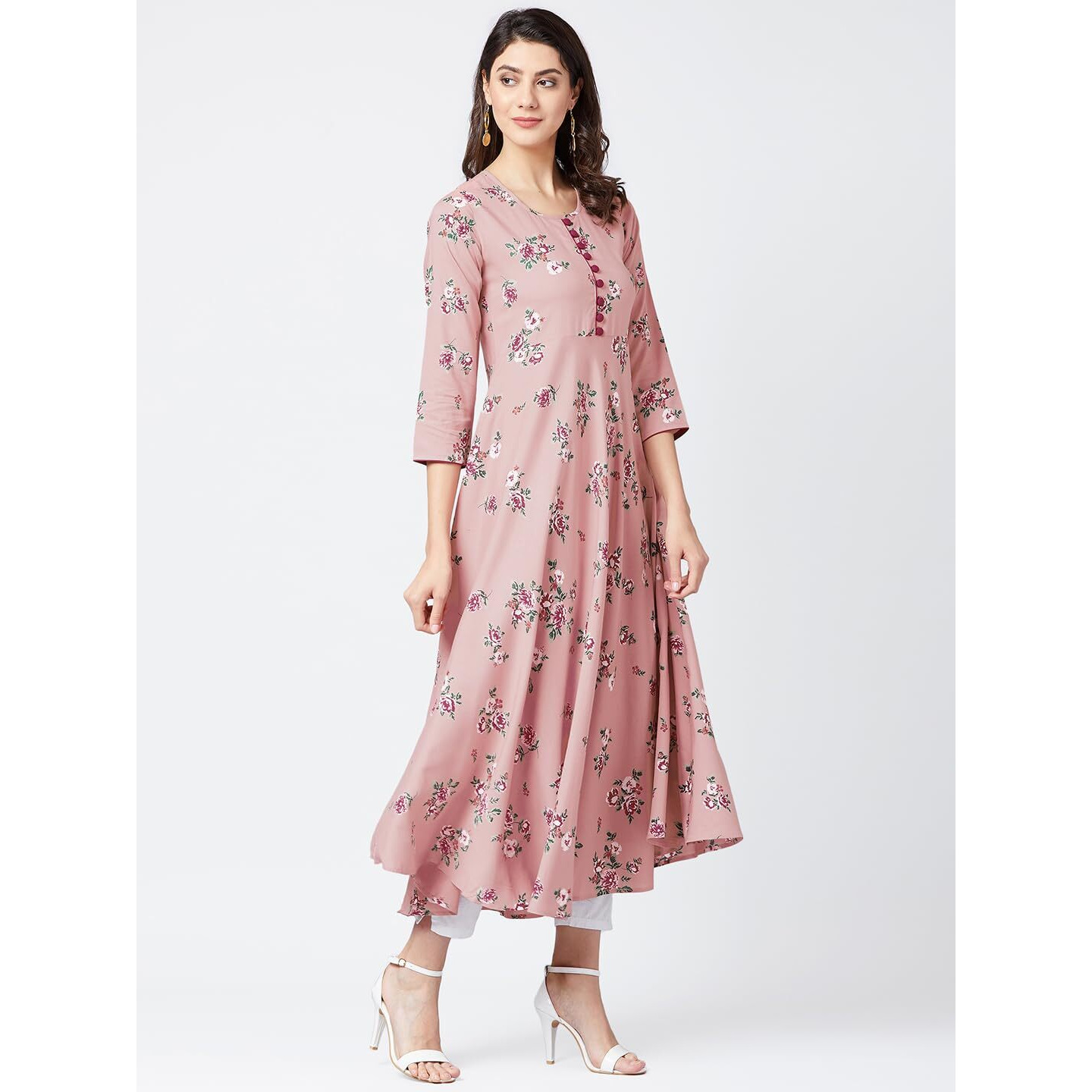 Tissu Women Dusty Pink & Red Floral Printed A-Line Kurta