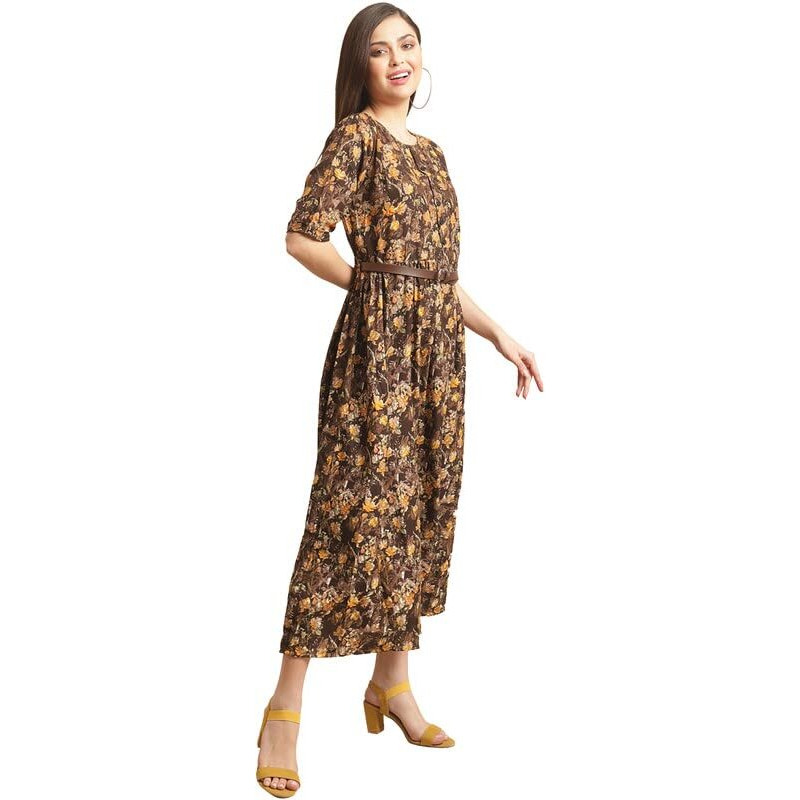 Preneum Women's Rayon Fit And Flare Standard Length Dress (Gown-A-109_Caramal Brown_2Xl)