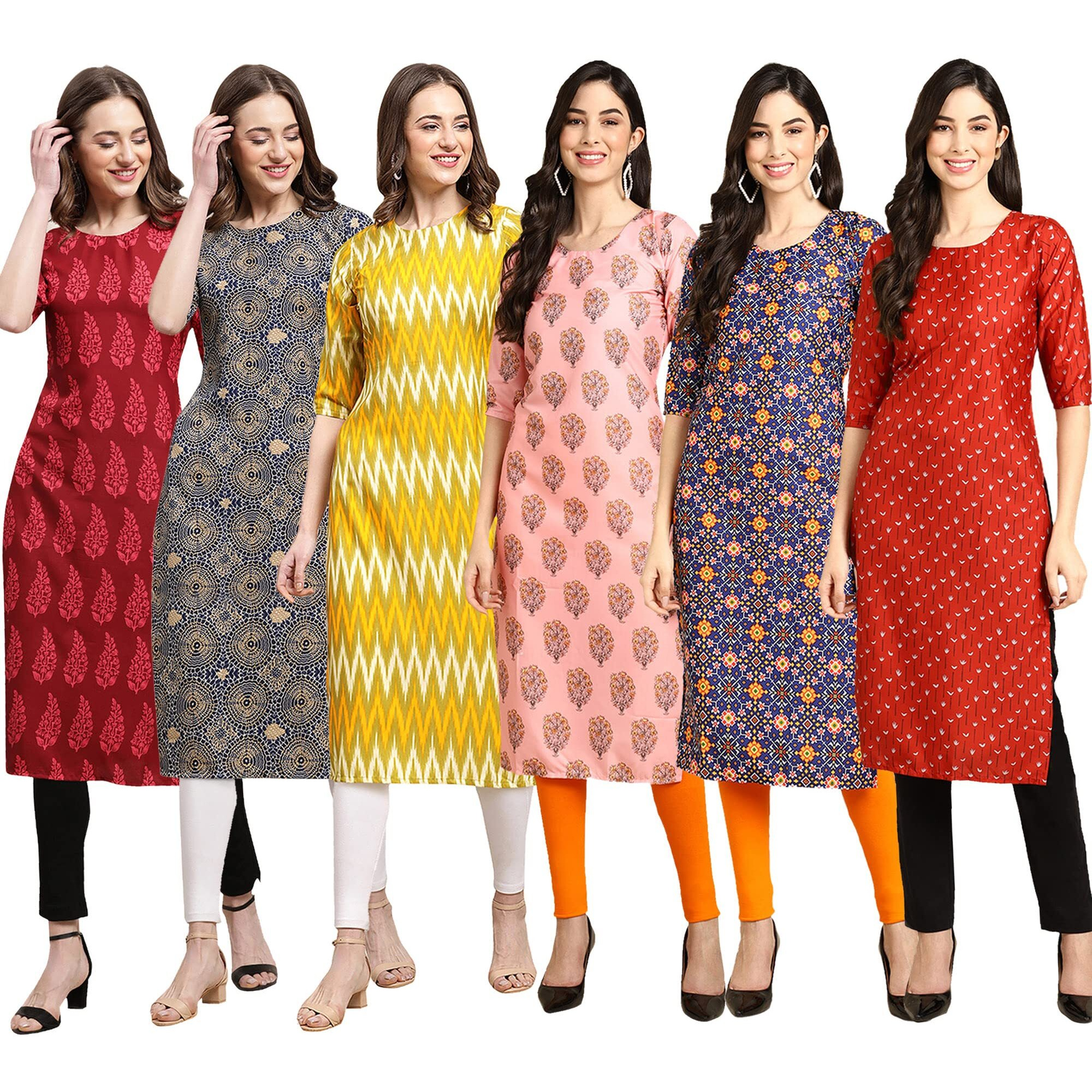 Pinkmint Women's Crepe Digital Print Straight Kurta Pack Of 6 [Cr-337-341-329-368-369-370-Xl]