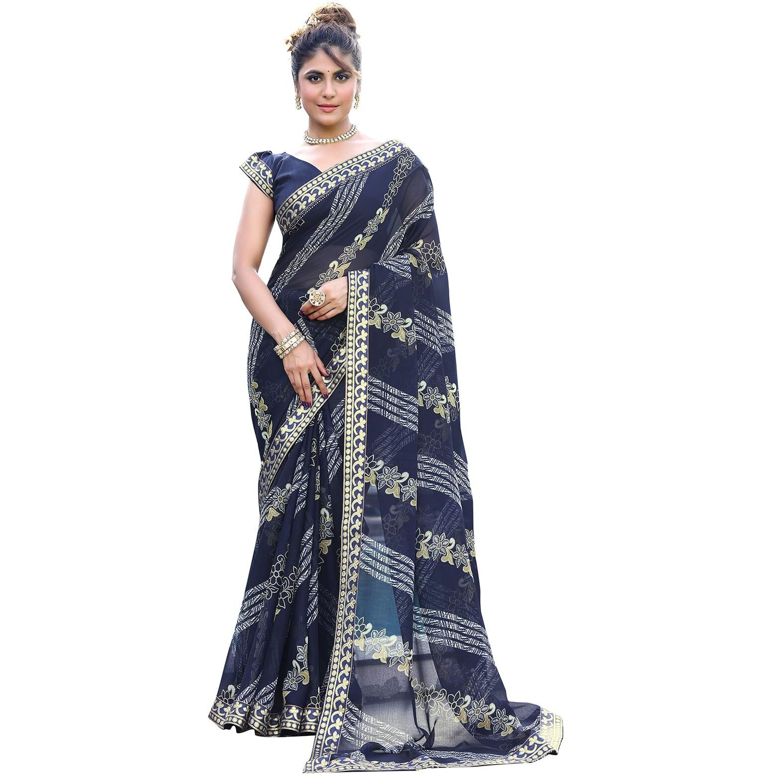 Yashika Womens Georgette Floral Saree With Lace Border |Striped Digital Printed Saree For Women (Az-Ys-P1-Ratna Navy)