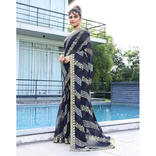 Yashika Womens Georgette Floral Saree With Lace Border |Striped Digital Printed Saree For Women (Az-Ys-P1-Ratna Navy)