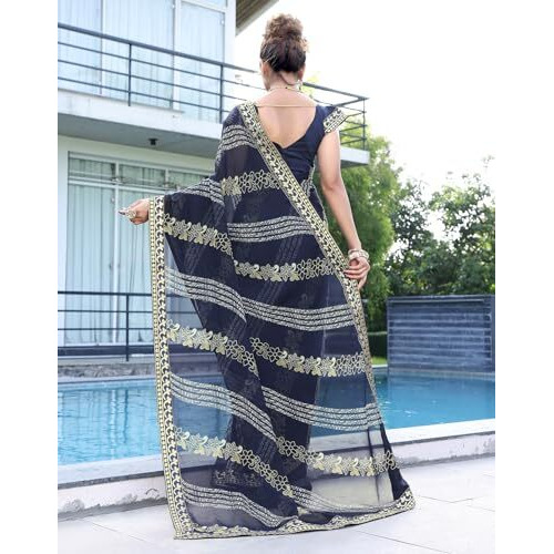 Yashika Womens Georgette Floral Saree With Lace Border |Striped Digital Printed Saree For Women (Az-Ys-P1-Ratna Navy)