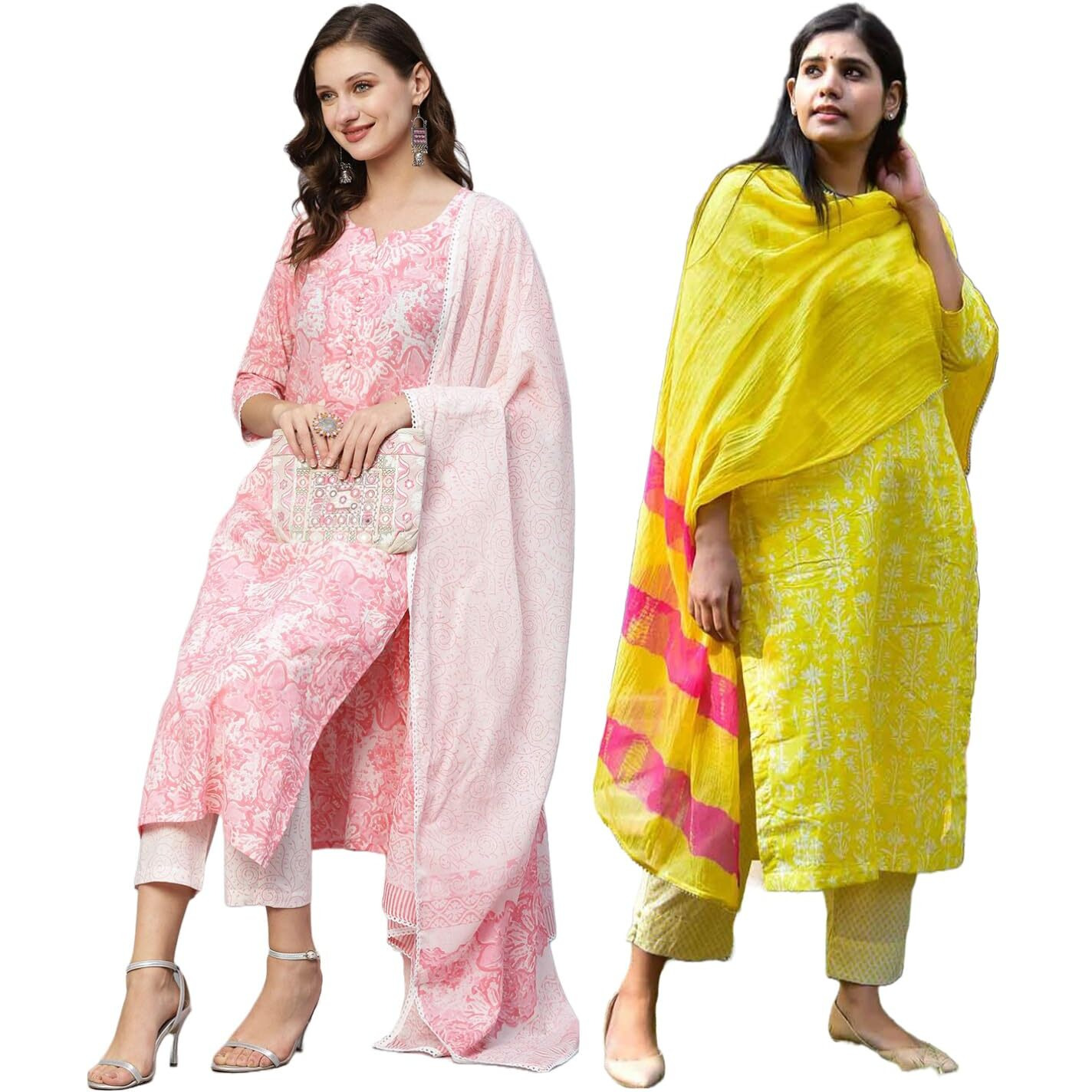 Anni Designer Women's Cotton Blend Printed Straight Kurta With Pant & Dupatta Pack Of 2 (Combo-Prem Pink-Bagru-Yellow_L_Multi_Large)