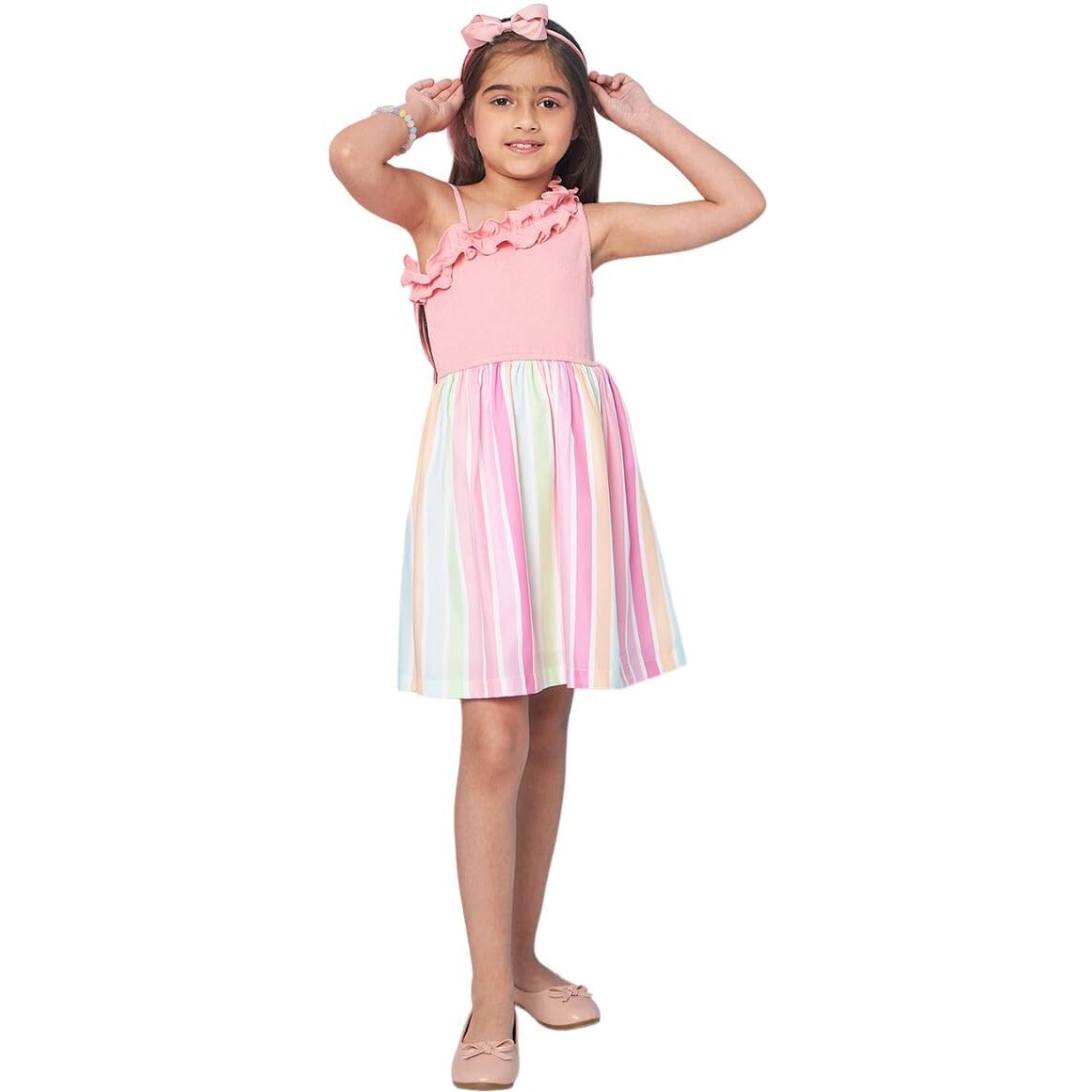 Pspeaches Girl's Sleeveless Striped Woollen Fit Flare Pink Dress With Shoulder Straps Stylish & Trendy Style (8-9Years)