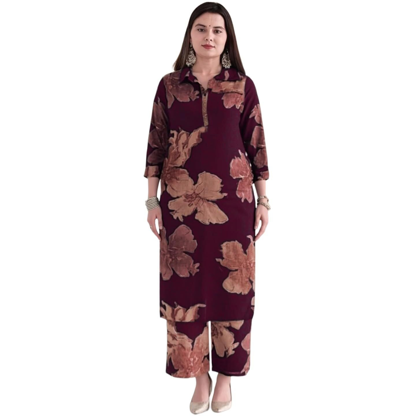 Anni Designer Women's Rayon Viscose Printed Straight Kurta With Palazzo (Ishir Wine_M_Wine_Medium)