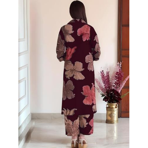 Anni Designer Women's Rayon Viscose Printed Straight Kurta With Palazzo (Ishir Wine_M_Wine_Medium)