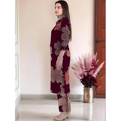 Anni Designer Women's Rayon Viscose Printed Straight Kurta With Palazzo (Ishir Wine_M_Wine_Medium)