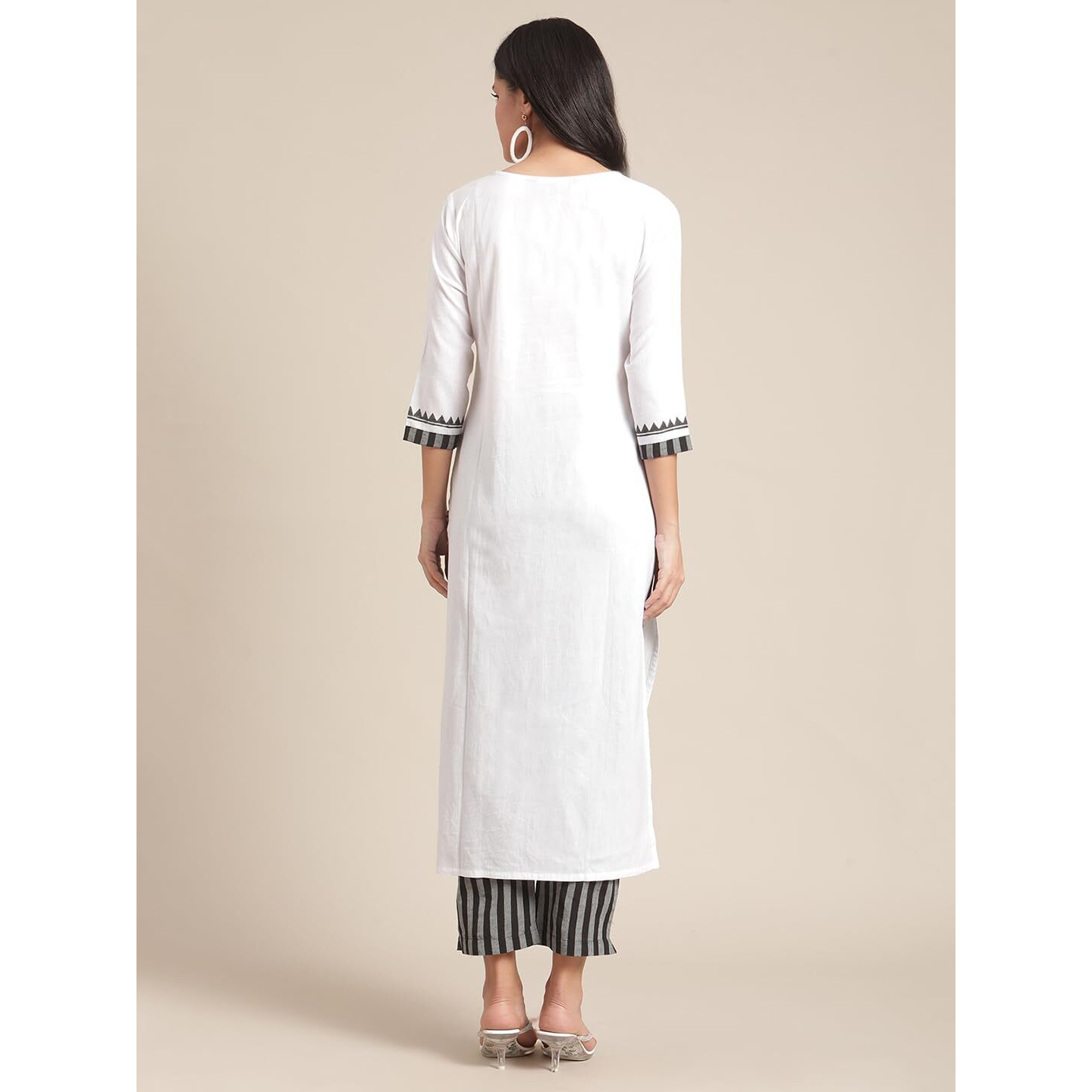 Varanga Women White And Black Floral Block Printed And Handwork Detailed Kurta Trouser Set.