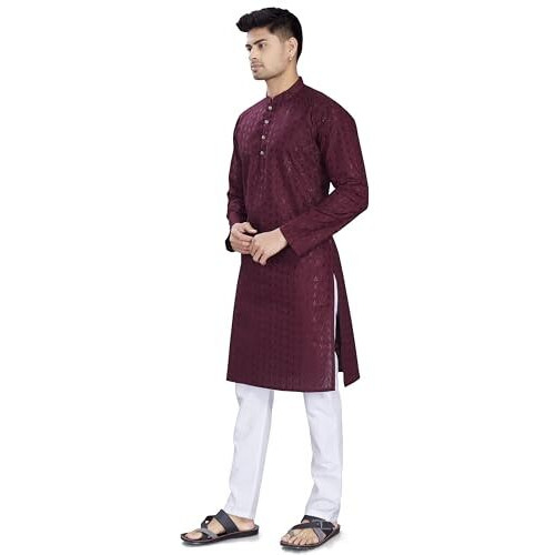 Divisive Men's Thread Embroidered Cotton Only Slim Fit Kurta (Dkrt1081_Xl_Burgundy)