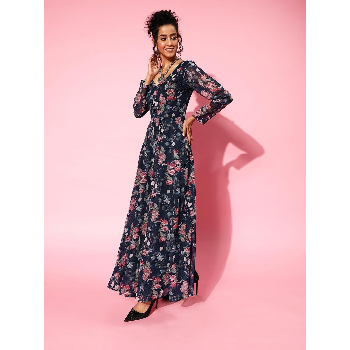 Varanga Women Navy Blue Floral Printed Gota Embellished Anarkali Kurta With Tonal Solid Chiffon Dupatta (Extra Large)